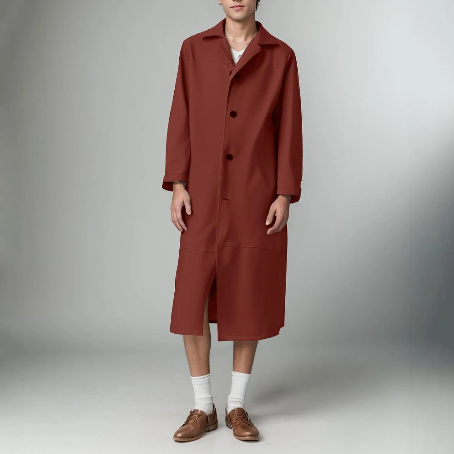 Men's Notched Lapel Leather Trench Coat Vintage Classic Faux Leather Button Long Leather Jacket Fall Winter Overcoat