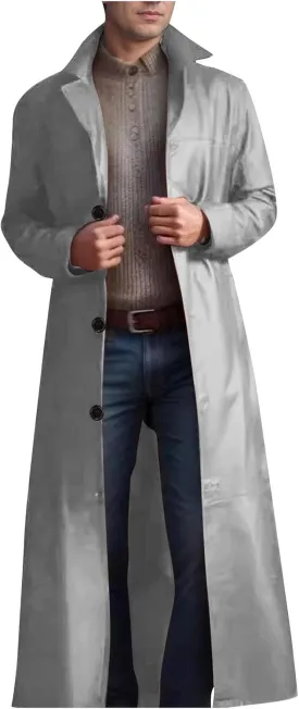 Men's Notched Lapel Leather Trench Coat Vintage Classic Faux Leather Button Long Leather Jacket Fall Winter Overcoat