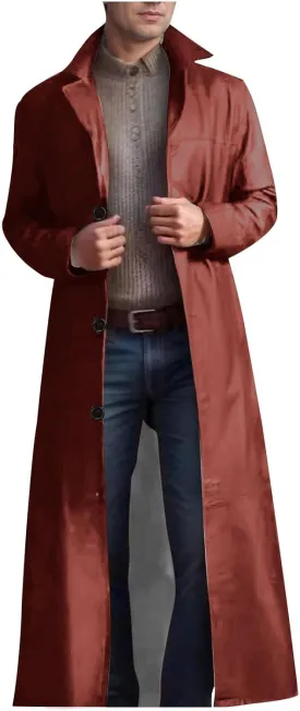 Men's Notched Lapel Leather Trench Coat Vintage Classic Faux Leather Button Long Leather Jacket Fall Winter Overcoat