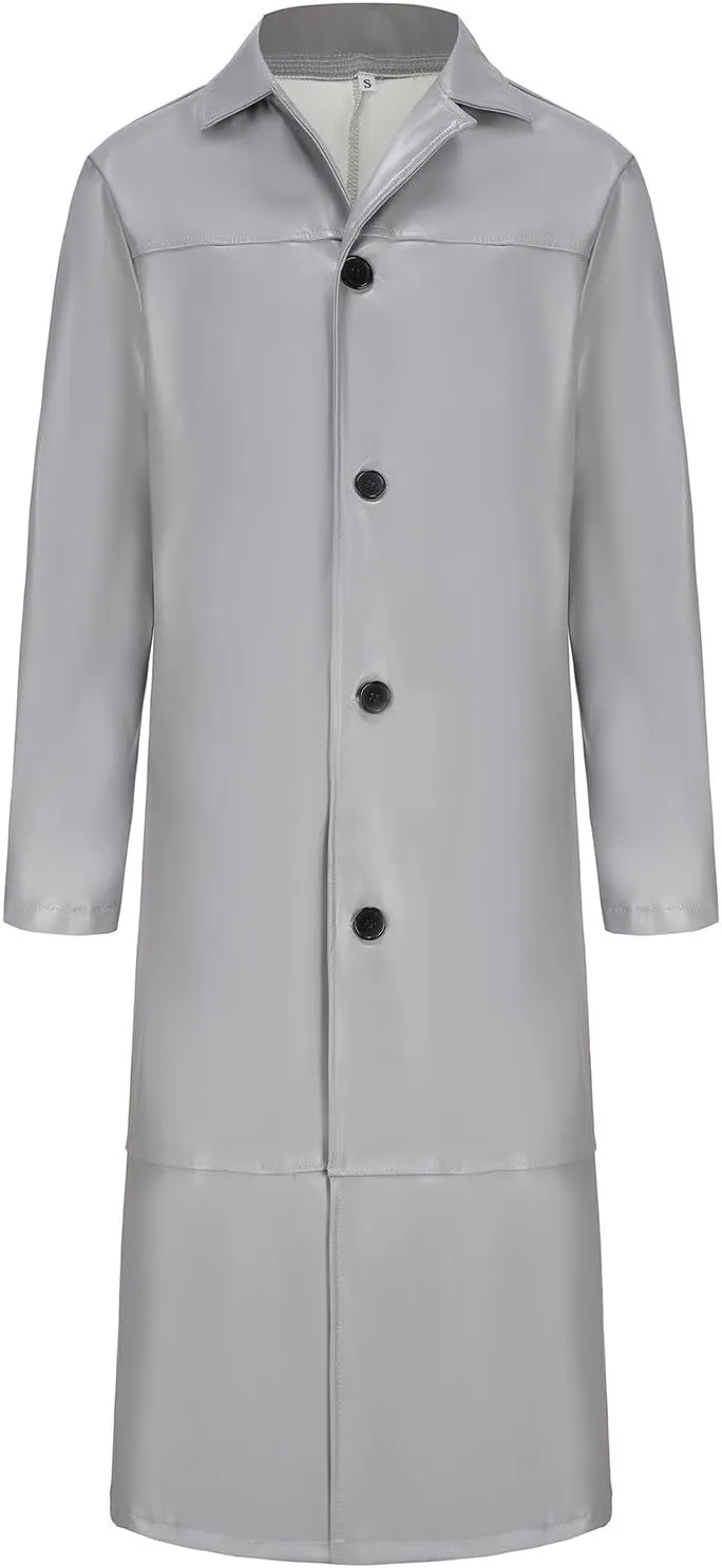 Men's Notched Lapel Leather Trench Coat Vintage Classic Faux Leather Button Long Leather Jacket Fall Winter Overcoat