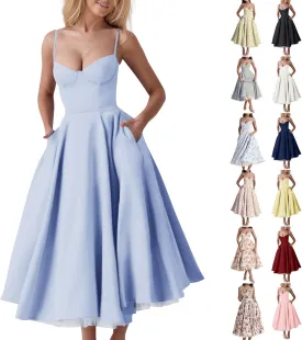 NBXNZWF Women's Corest Dress Spaghetti Strap A-line Drop Waist Midi Dress Flowy Pleated Hem Low Cut Bustier Prom Dresses NBXNZWF Women's Corest Dress Spaghetti Strap A-line Drop Waist Midi Dress Flowy Pleated Hem Low Cut Bustier Prom Dresses