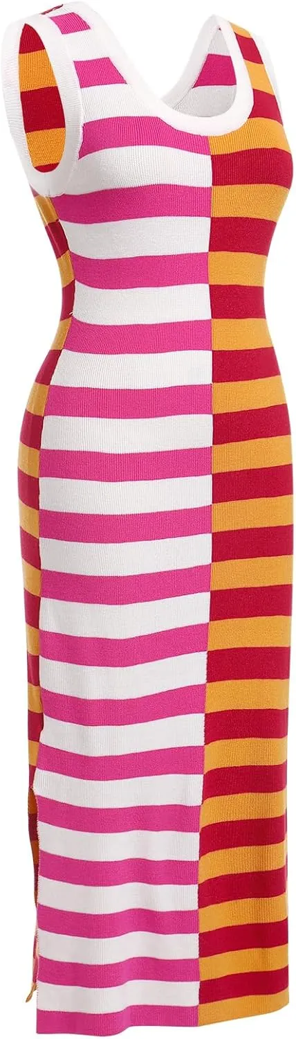 OBEEII Womens Color Contrast Striped Dress Sleeveless Knitted Midi Dress Side Slit Scoop Neck Bodycon Casual Sweater Dress