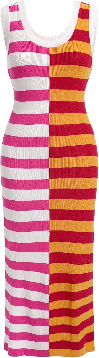 OBEEII Womens Color Contrast Striped Dress Sleeveless Knitted Midi Dress Side Slit Scoop Neck Bodycon Casual Sweater Dress