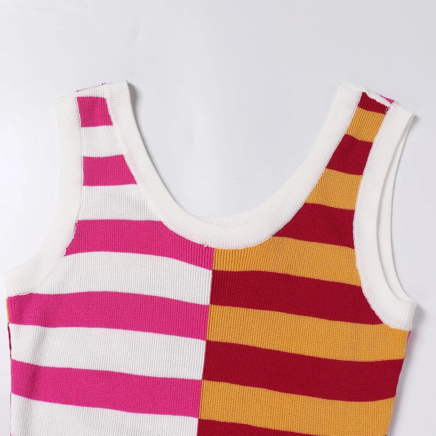 OBEEII Womens Color Contrast Striped Dress Sleeveless Knitted Midi Dress Side Slit Scoop Neck Bodycon Casual Sweater Dress