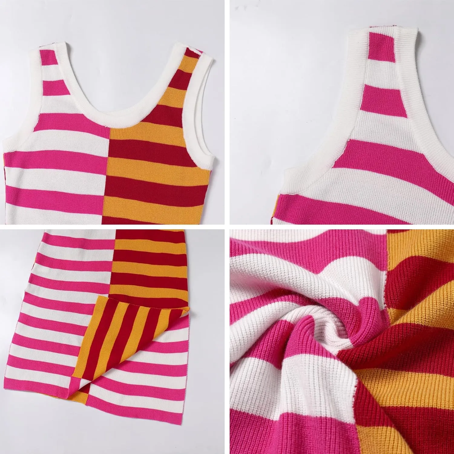 OBEEII Womens Color Contrast Striped Dress Sleeveless Knitted Midi Dress Side Slit Scoop Neck Bodycon Casual Sweater Dress