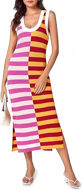 OBEEII Womens Color Contrast Striped Dress Sleeveless Knitted Midi Dress Side Slit Scoop Neck Bodycon Casual Sweater Dress