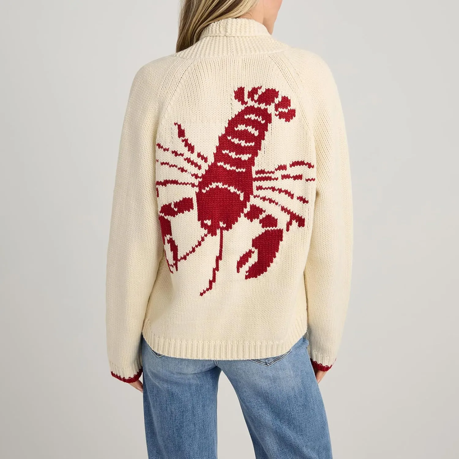 Owl's-Yard Women's Lobster Print Cardigan Sweater Y2K Shawl Collar Long Sleeve V Neck Button Down Sweater Knit Sweater Coat