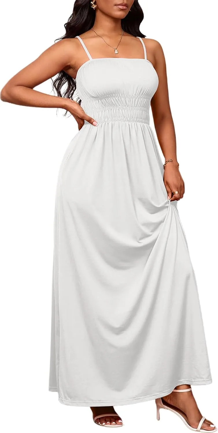 PerZeal Summer Dress Spaghetti Strap Casual Womens Fashion Sleeveless Beach Dress Pleat Long Tiered Maxi Dress