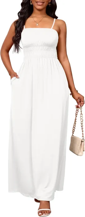 PerZeal Summer Dress Spaghetti Strap Casual Womens Fashion Sleeveless Beach Dress Pleat Long Tiered Maxi Dress