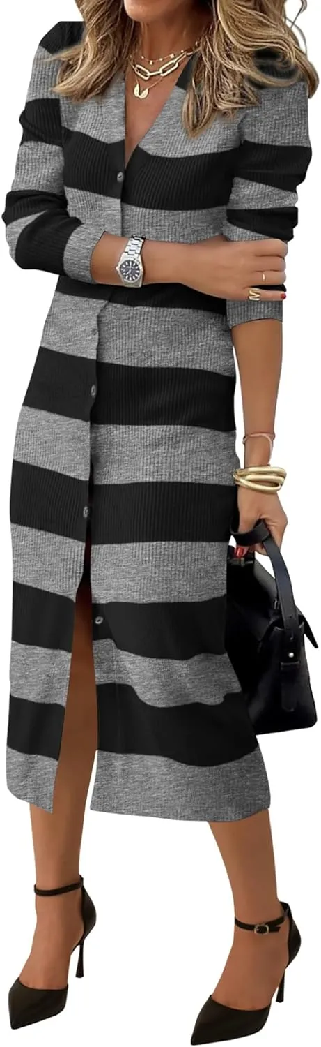 PRETTYGARDEN Women's Fall Sweater Dresses 2025 Long Sleeve V Neck Button Ribbed Knit Stripes Bodycon Midi Winter Dress
