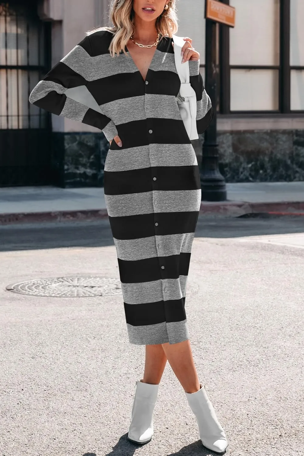 PRETTYGARDEN Women's Fall Sweater Dresses 2025 Long Sleeve V Neck Button Ribbed Knit Stripes Bodycon Midi Winter Dress