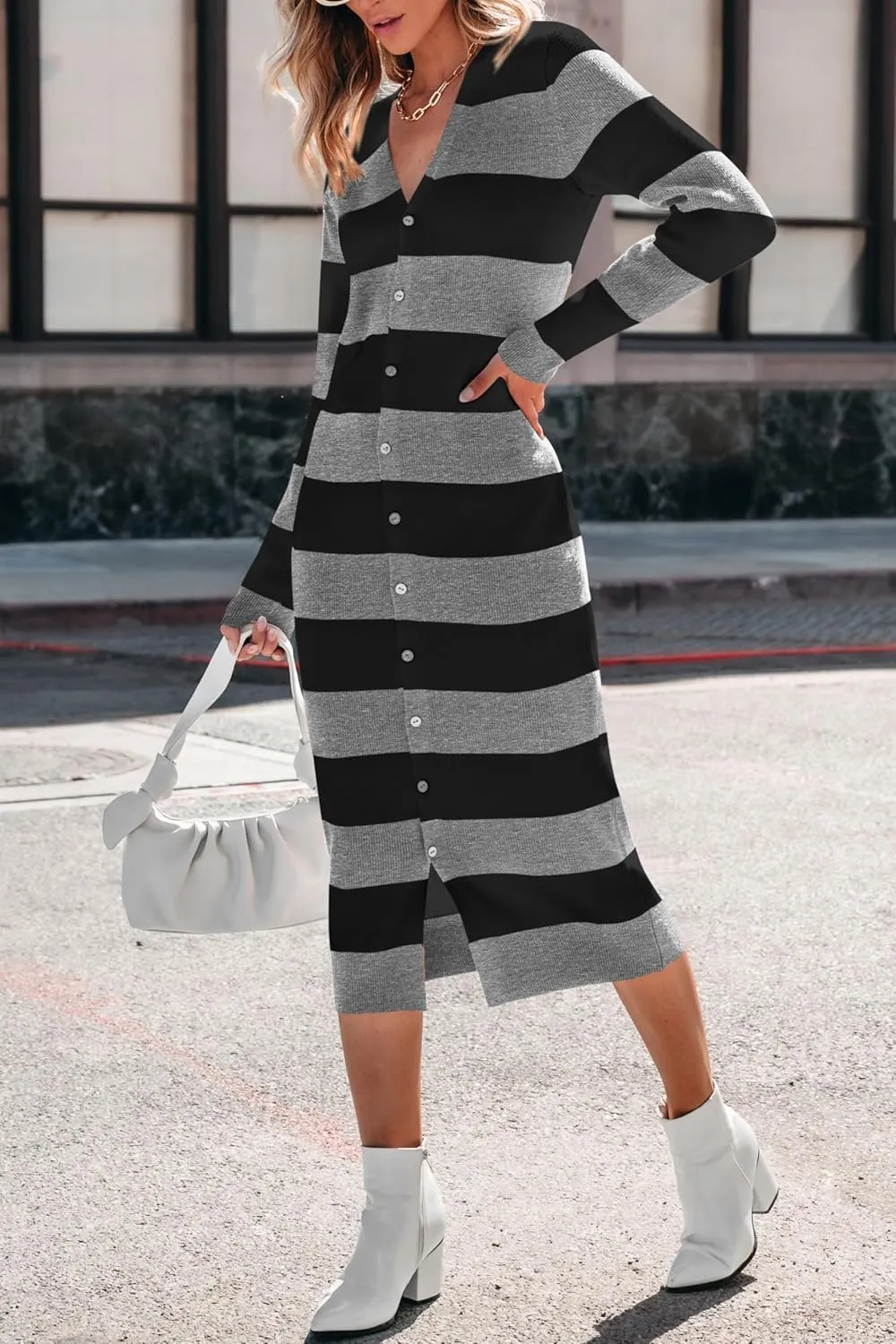 PRETTYGARDEN Women's Fall Sweater Dresses 2025 Long Sleeve V Neck Button Ribbed Knit Stripes Bodycon Midi Winter Dress