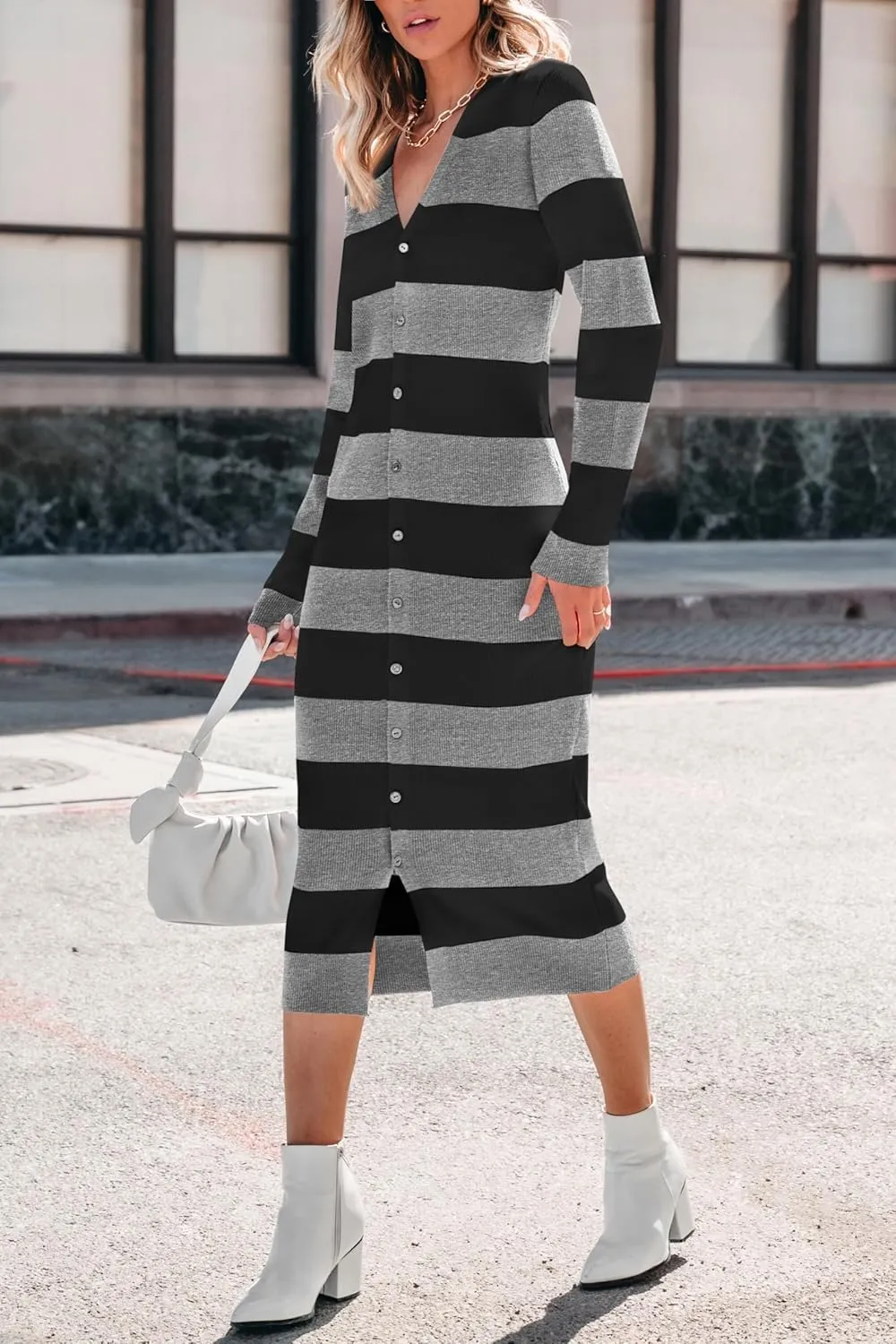 PRETTYGARDEN Women's Fall Sweater Dresses 2025 Long Sleeve V Neck Button Ribbed Knit Stripes Bodycon Midi Winter Dress
