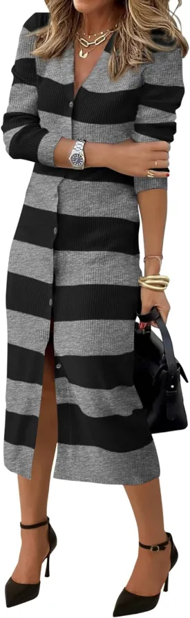 PRETTYGARDEN Women's Fall Sweater Dresses 2025 Long Sleeve V Neck Button Ribbed Knit Stripes Bodycon Midi Winter Dress