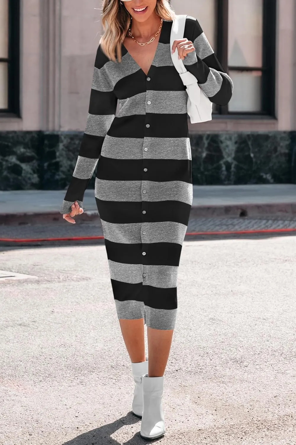 PRETTYGARDEN Women's Fall Sweater Dresses 2025 Long Sleeve V Neck Button Ribbed Knit Stripes Bodycon Midi Winter Dress
