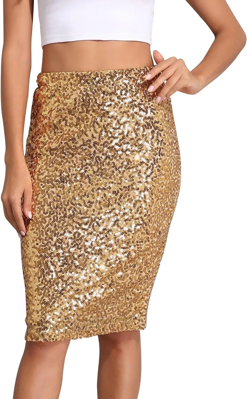 PrettyGuide Women's Sequin Skirt High Waist Sparkle Pencil Skirt Party Cocktail