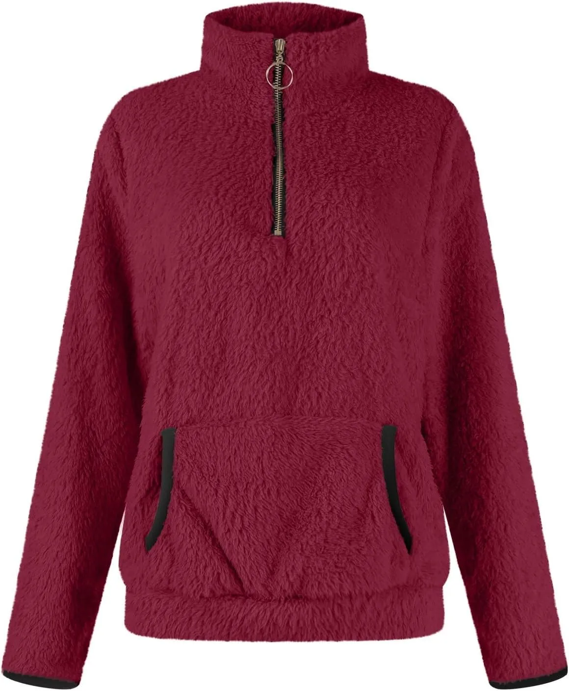 Quarter Zip Pullover Women Sherpa Fleece Hoodie Cropped Half Zip Sweatshirt with Pocket Cozy Soft Fluffy Sweaters