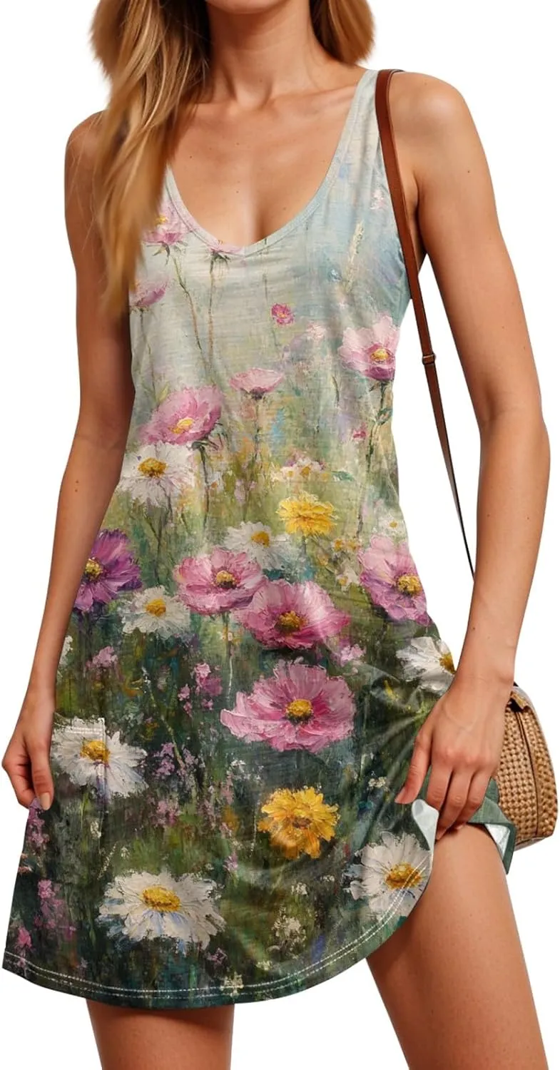Summer Dresses for Women V Neck Casual Sundress 2025 Printed Swimsuit Coverup Sleeveless Beach Dress with Pocket