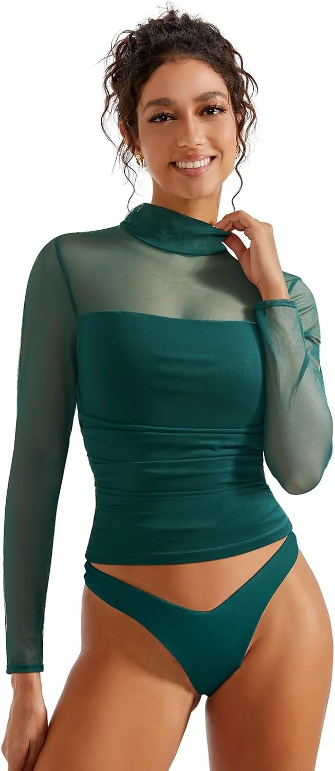 SUUKSESS Women Double Line Mesh Sheer Crop Tank Tops Mock Neck Long Sleeve Shirts