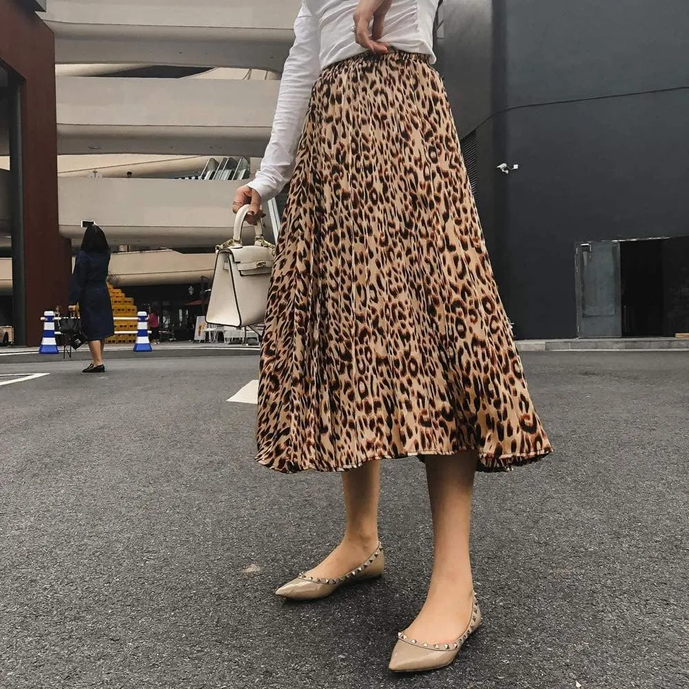 TONCHENGSD Women's Retro Midi High Waist Pleated Skirt Leopard Print Skirt