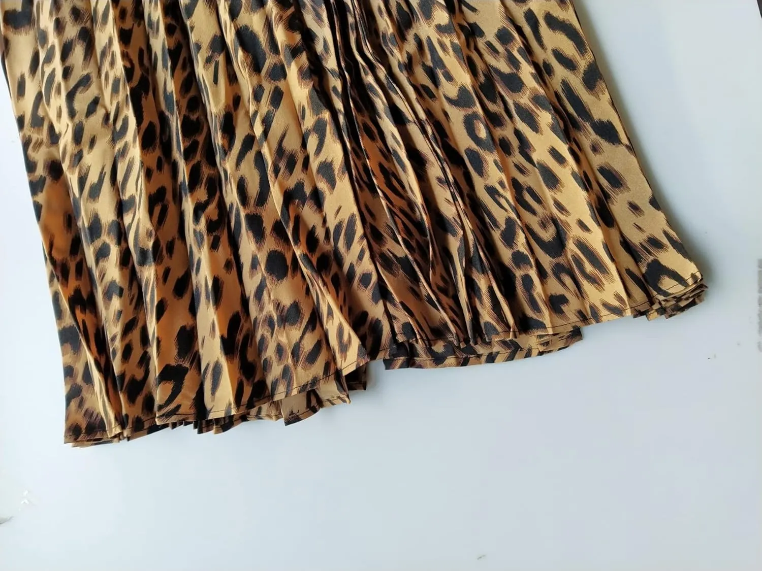 TONCHENGSD Women's Retro Midi High Waist Pleated Skirt Leopard Print Skirt