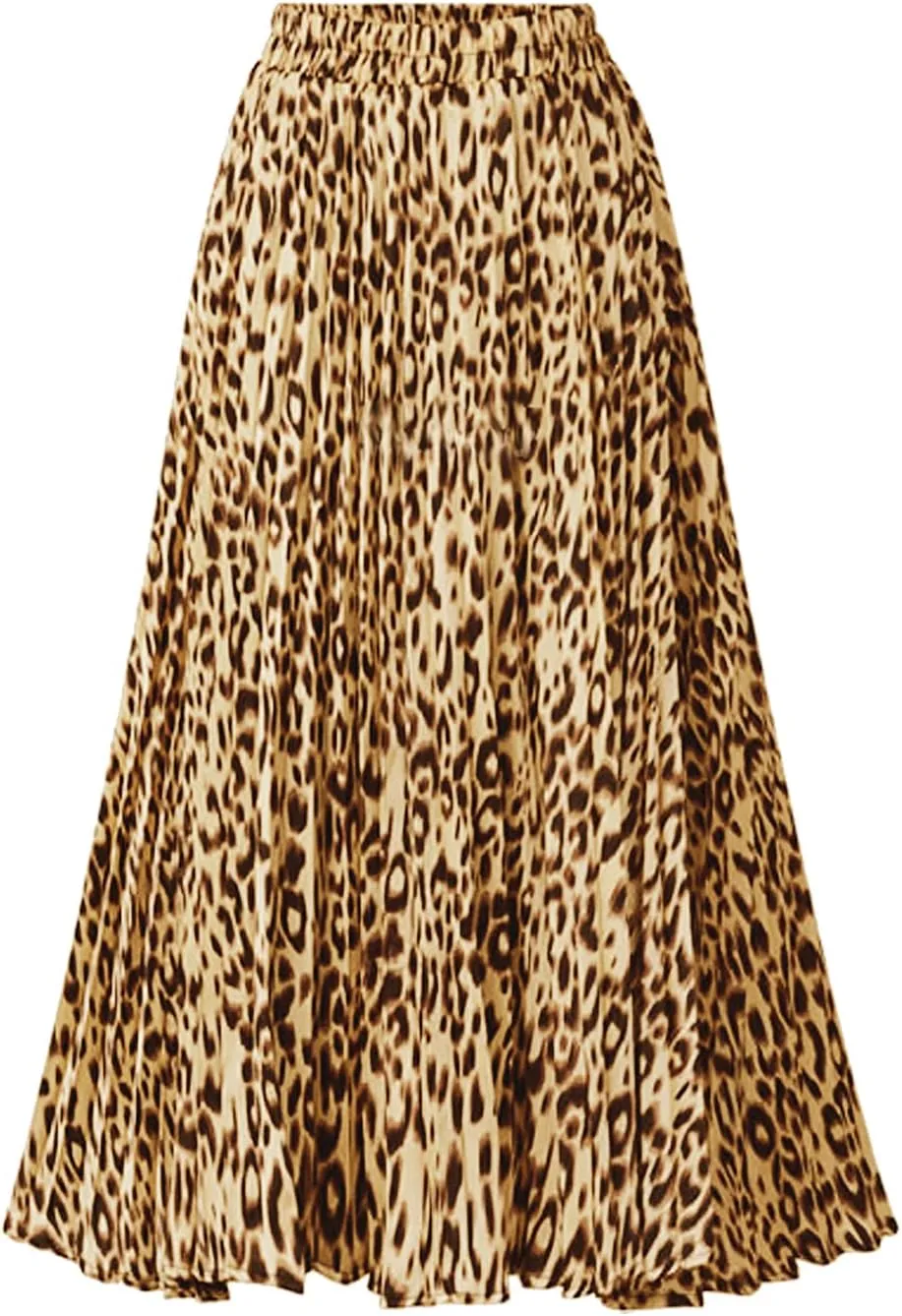 TONCHENGSD Women's Retro Midi High Waist Pleated Skirt Leopard Print Skirt