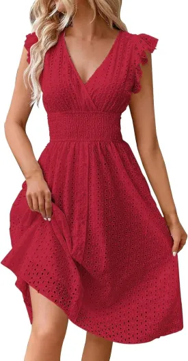 Vacation Dresses for Women 2025 Summer Trendy Eyelet Lace Ruffle Sleeve V Neck Midi Dress Flowy A Line Sundress Vacation Dresses for Women 2025 Summer Trendy Eyelet Lace Ruffle Sleeve V Neck Midi Dress Flowy A Line Sundress