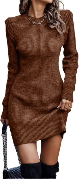 Wankang Women Bodycon Short Sweater Dress Long Sleeve Crewneck Slim Ribbed Knit Mini Dresses Solid Dressy Fall Winter Jumpers