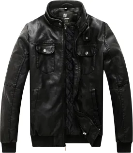 wantdo Men's Faux Leather Jacket Windproof Motorcycle Bomber Jacket Slim Fit Winter Coat with Removable Hood