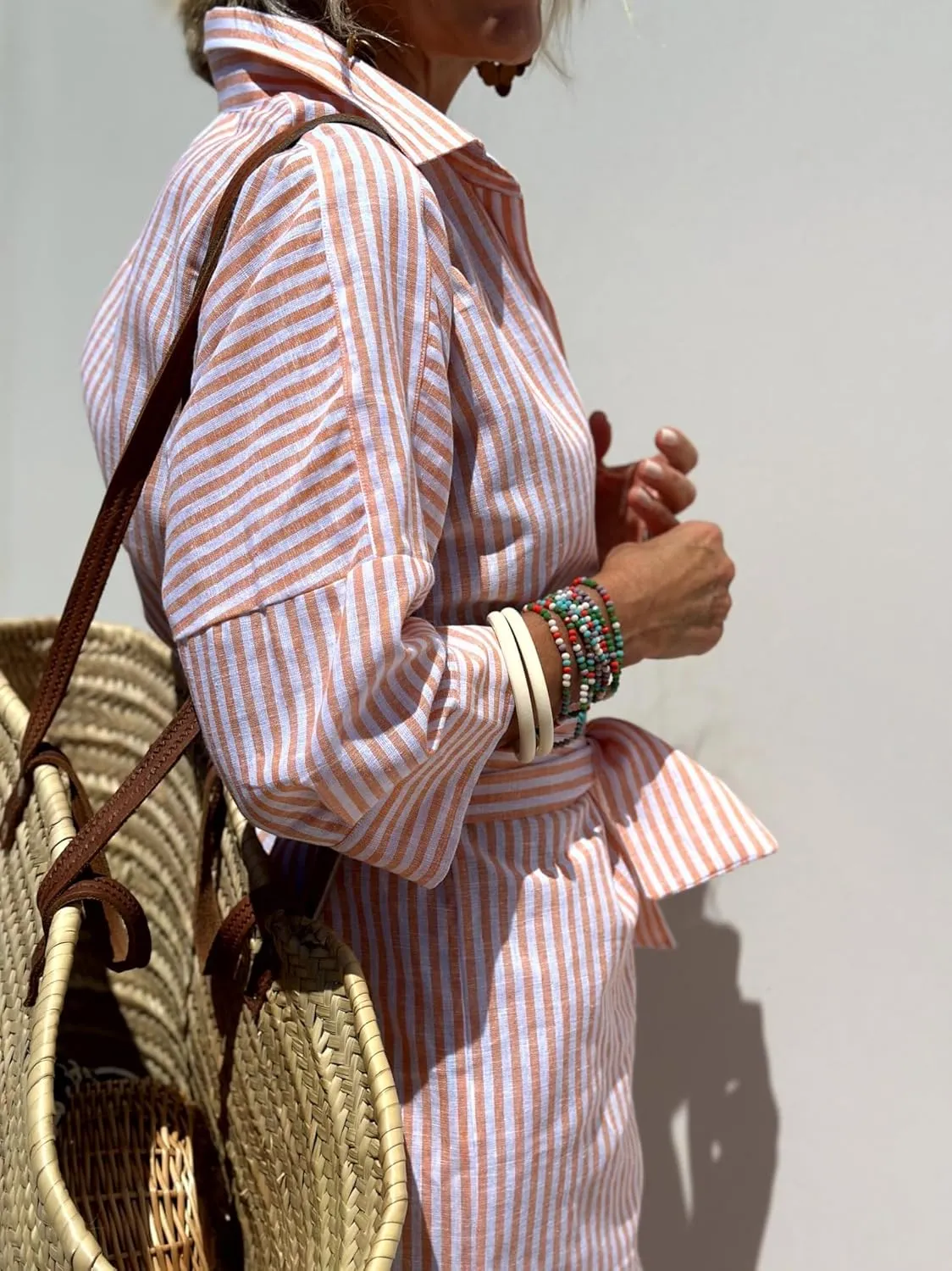Women 2025 Summer Shirt Dress Classic Striped Lace-Up Shirt Dress Button Down Split Belted Vacation Maxi Dress
