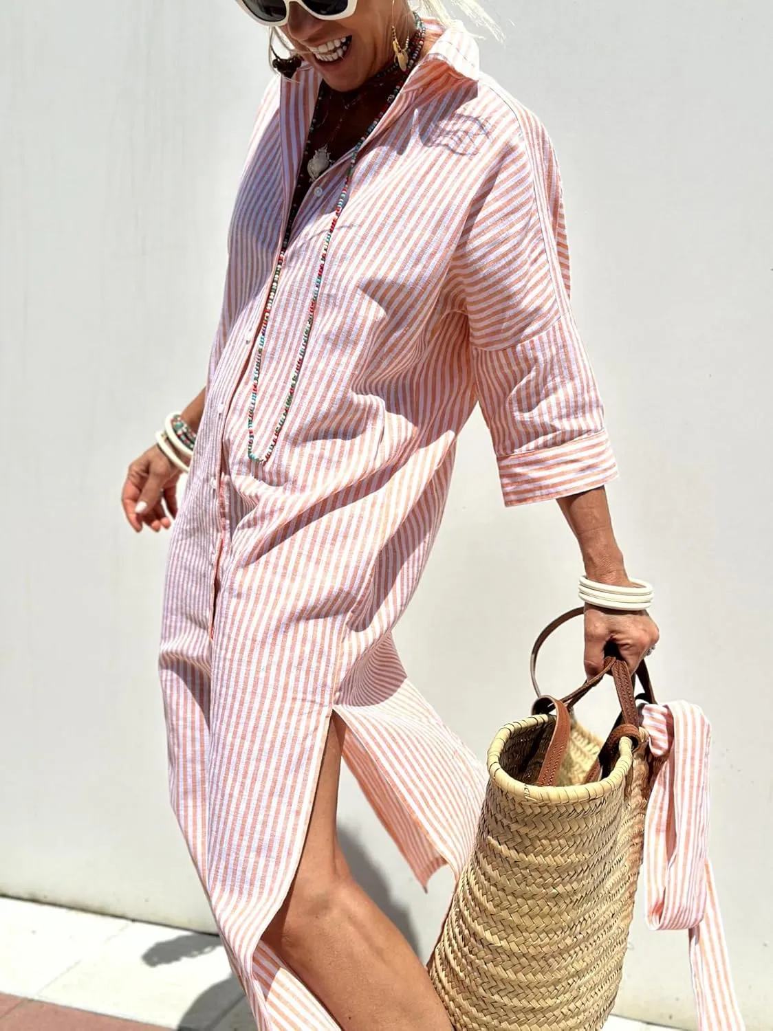 Women 2025 Summer Shirt Dress Classic Striped Lace-Up Shirt Dress Button Down Split Belted Vacation Maxi Dress