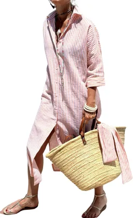 Women 2025 Summer Shirt Dress Classic Striped Lace-Up Shirt Dress Button Down Split Belted Vacation Maxi Dress
