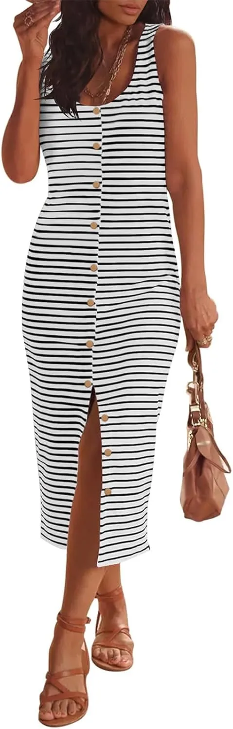 Women Casual Sleeveless Striped Tank Midi Dresses Spring U Neck Bodycon Dresses T Shirt Summer Dress