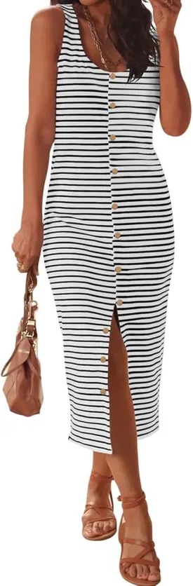 Women Casual Sleeveless Striped Tank Midi Dresses Spring U Neck Bodycon Dresses T Shirt Summer Dress