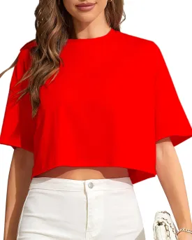Women Cropped Tees Loose Fit Half Drop Shoulder Short Sleeve Tops Round Neck Basic Casual Shirts for Summer 2025