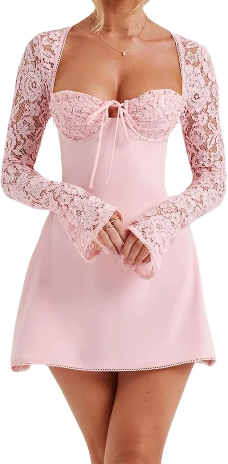 Women Lace Dress Elegant Long Sleeve Lace Patchwork Low Cut Mini Dress Backless Tie up Going Out Dress