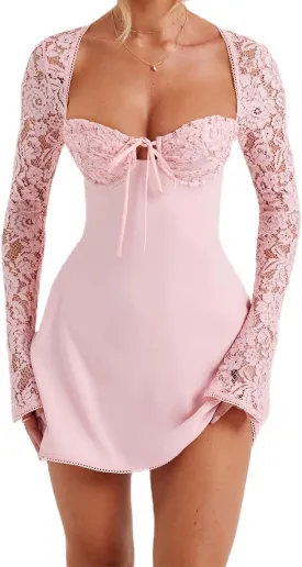 Women Lace Dress Elegant Long Sleeve Lace Patchwork Low Cut Mini Dress Backless Tie up Going Out Dress