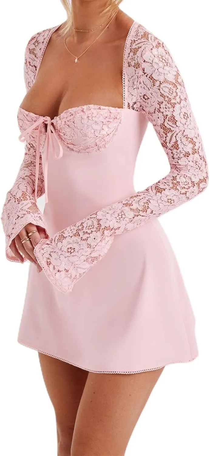 Women Lace Dress Elegant Long Sleeve Lace Patchwork Low Cut Mini Dress Backless Tie up Going Out Dress