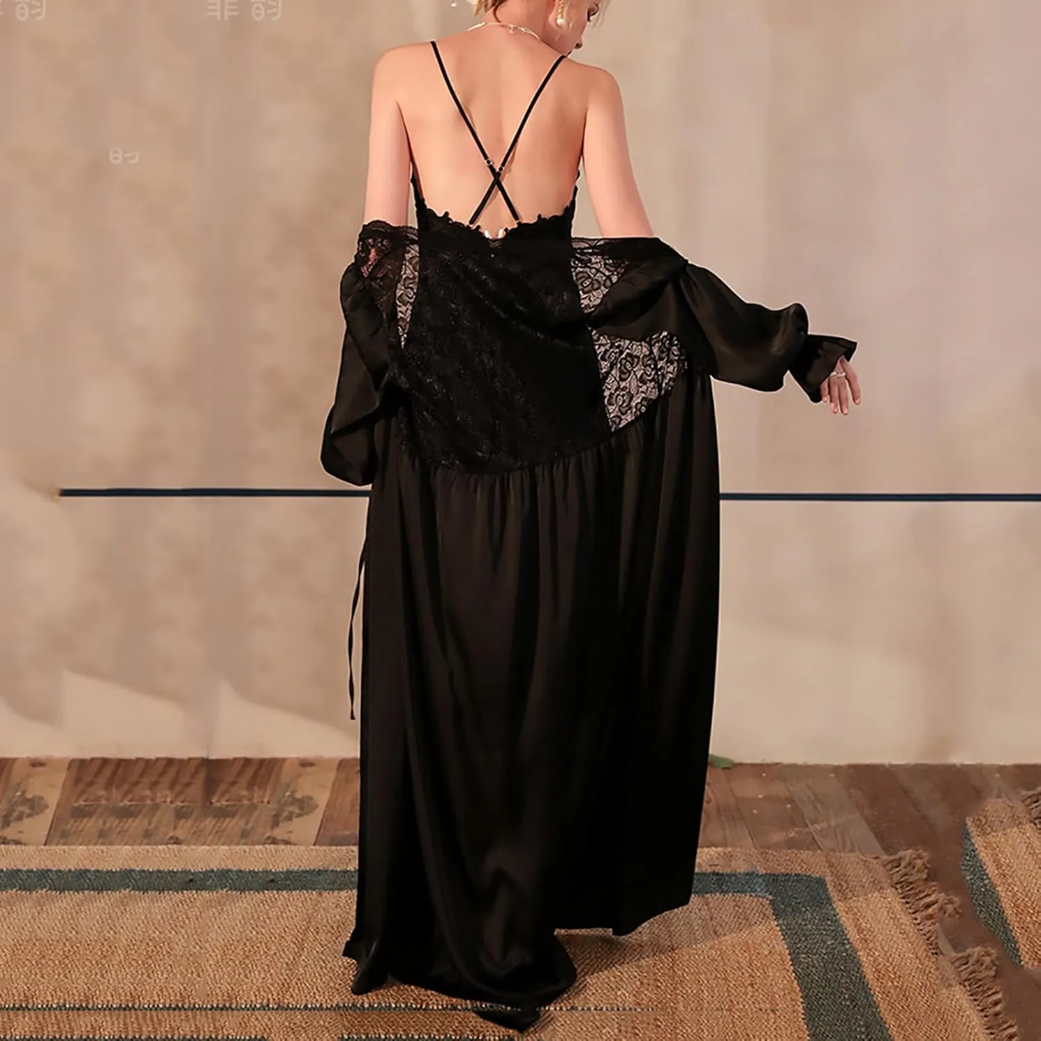 Women Lace Satin Sleep Dress Sexy Sleepwear Midi Long Nightgown Full Slip Dresses Velvet Sleeveless Chemise Dress