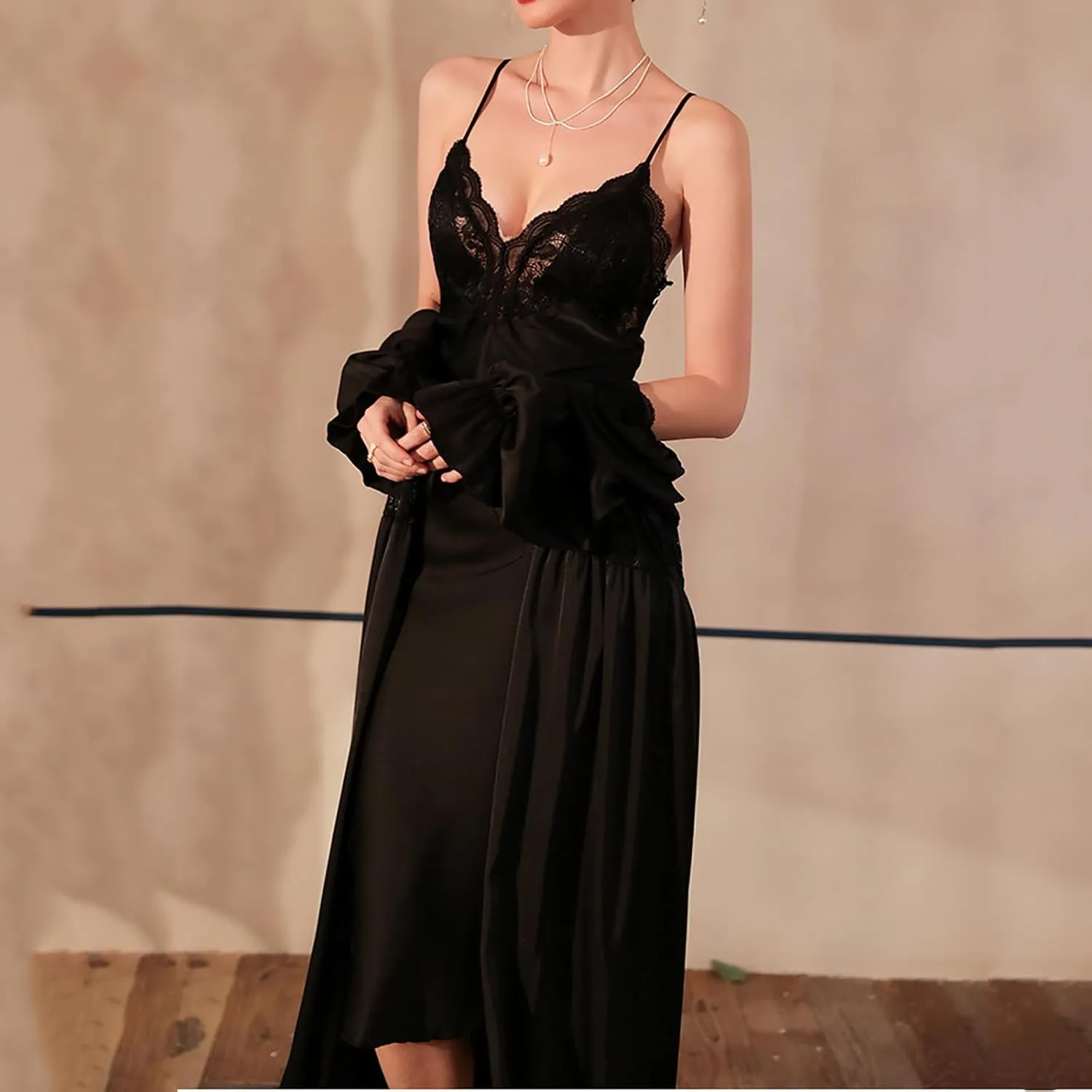 Women Lace Satin Sleep Dress Sexy Sleepwear Midi Long Nightgown Full Slip Dresses Velvet Sleeveless Chemise Dress