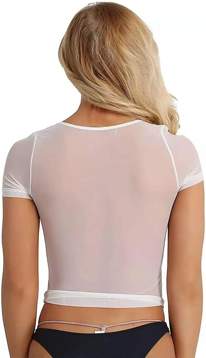 Women Mesh Crop Top Sheer Short Sleeves Fishnet Net T-Shirt Mesh Shirt Crop Top