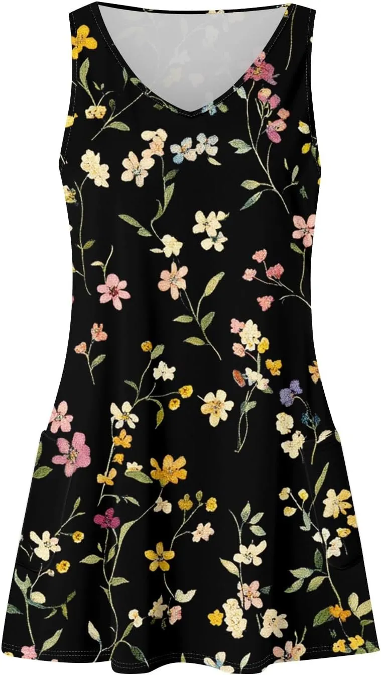Women Summer Dresses Sleeveless V Neck Swimsuit Coverup Vacation Casual Sundress Printed Beach Dress with Pocket
