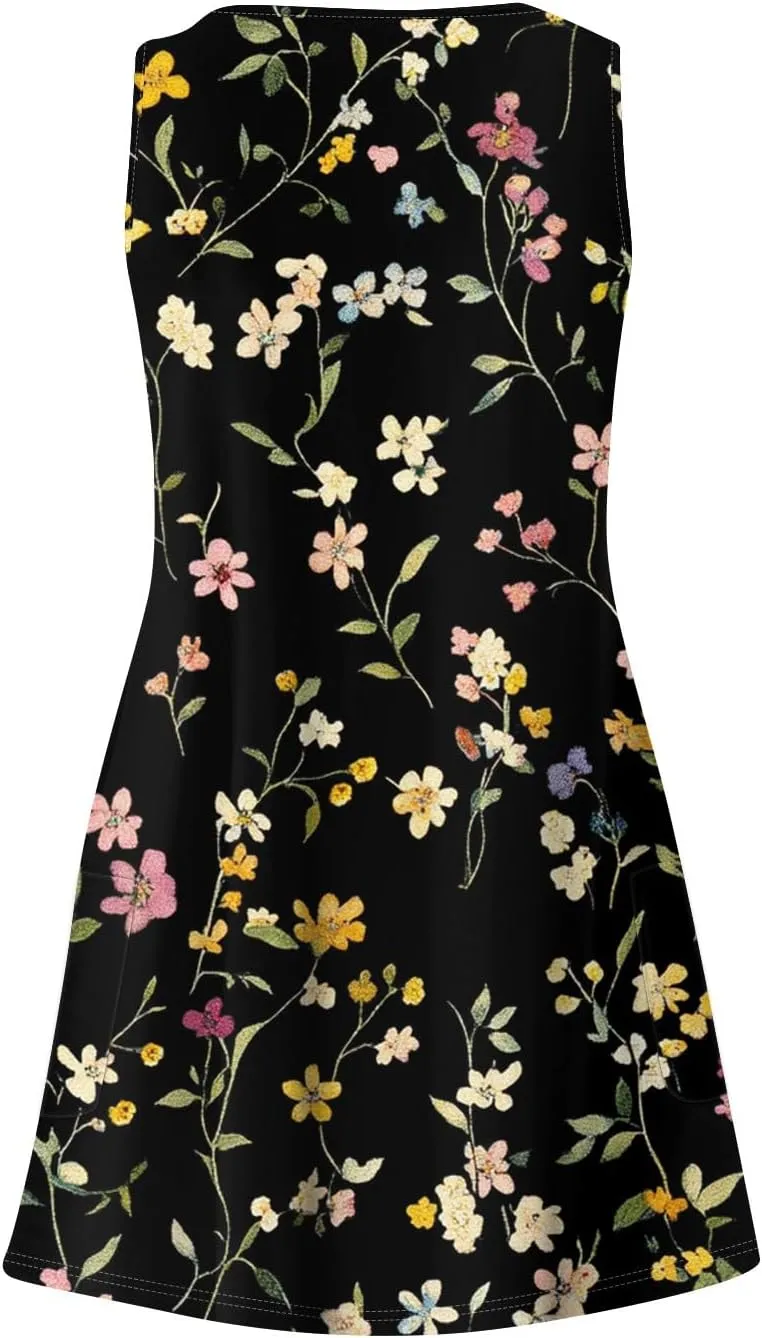 Women Summer Dresses Sleeveless V Neck Swimsuit Coverup Vacation Casual Sundress Printed Beach Dress with Pocket