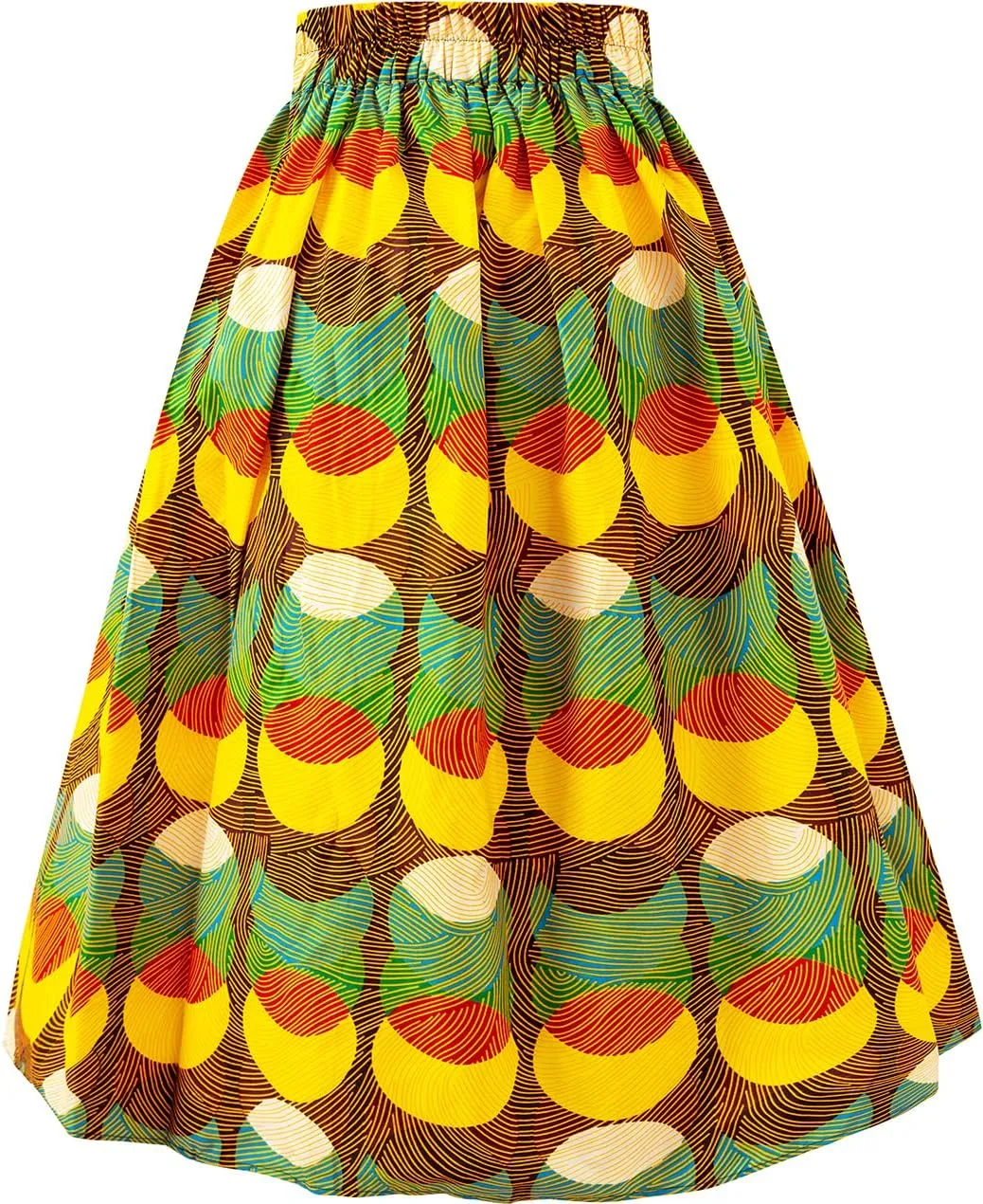 Women's Afriacn High Waist Vintage Skirt Ankara Pleated Midi Skirt with Pockets
