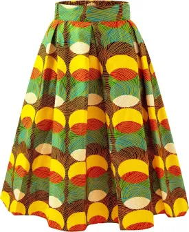 Women's Afriacn High Waist Vintage Skirt Ankara Pleated Midi Skirt with Pockets