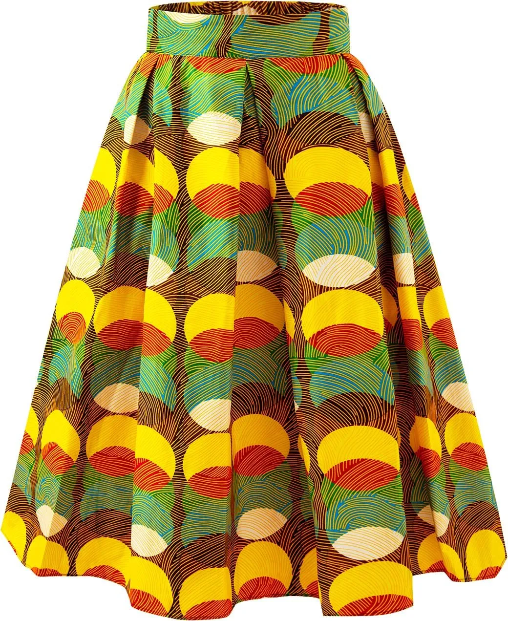 Women's Afriacn High Waist Vintage Skirt Ankara Pleated Midi Skirt with Pockets