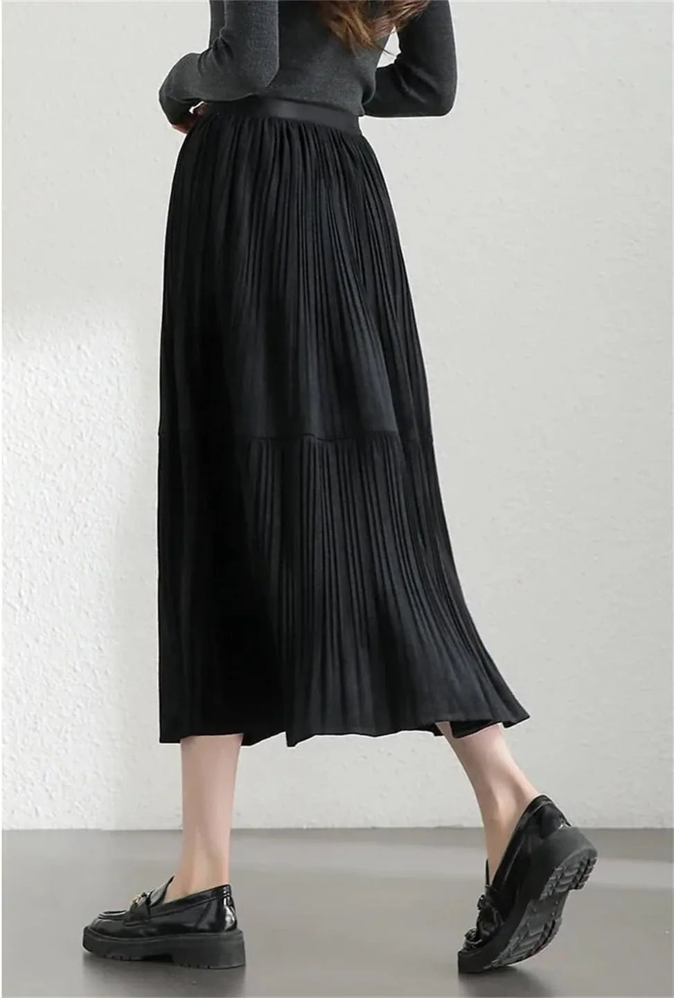 WomenS Fleece A-Line Midi Skirt Elegant Elastic Waist Folds Cake Skirt Loose Fit Casual Skirt