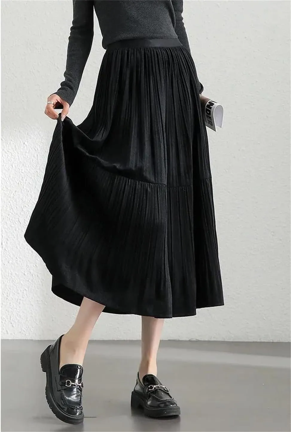 WomenS Fleece A-Line Midi Skirt Elegant Elastic Waist Folds Cake Skirt Loose Fit Casual Skirt