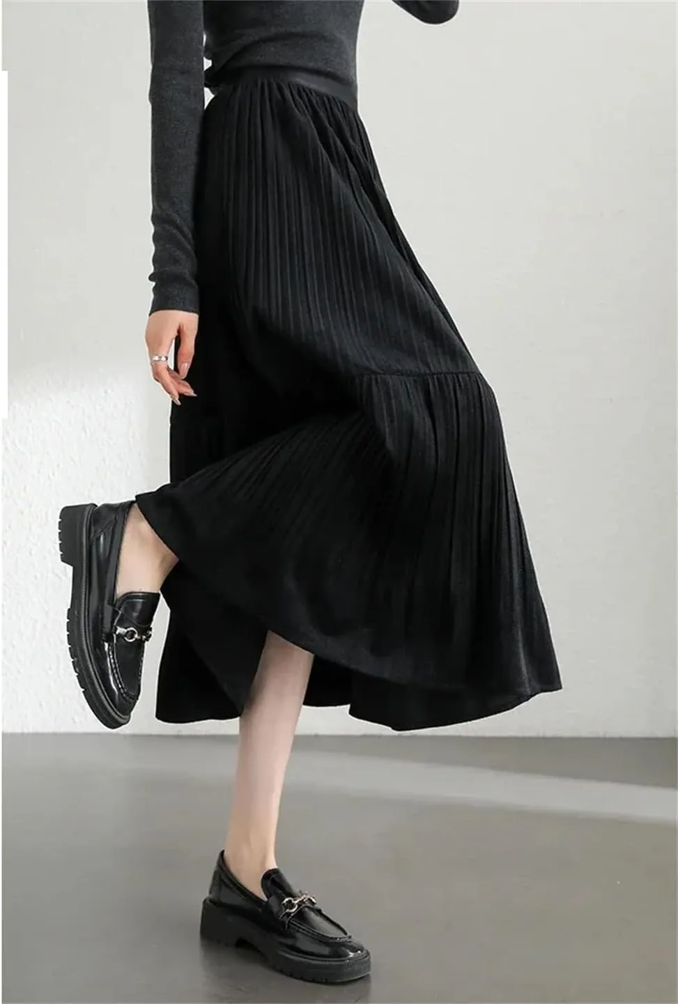 WomenS Fleece A-Line Midi Skirt Elegant Elastic Waist Folds Cake Skirt Loose Fit Casual Skirt