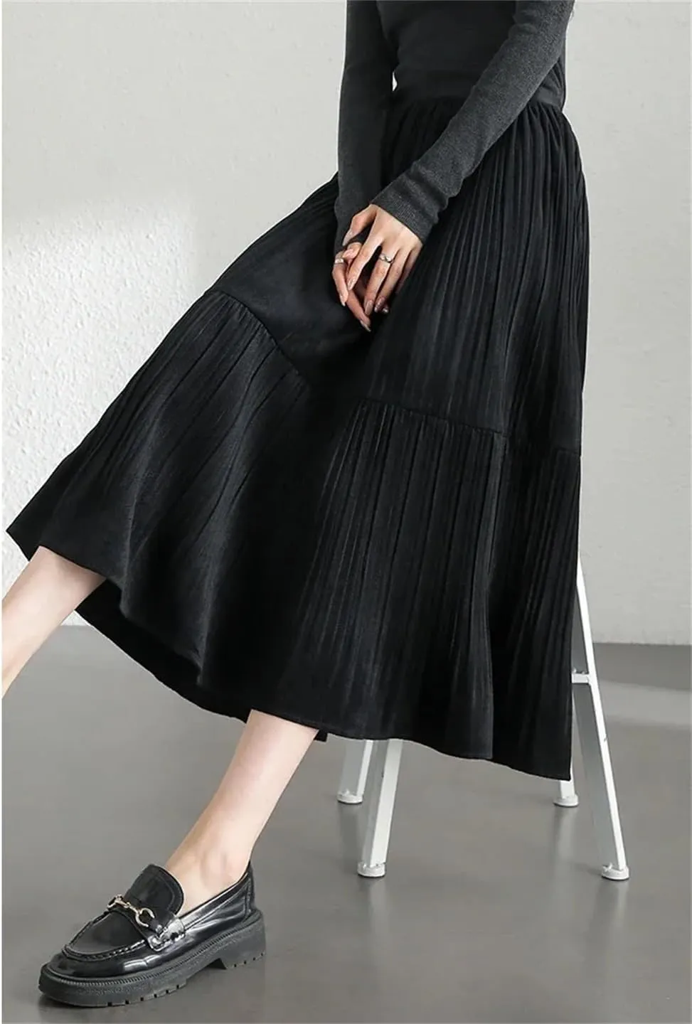WomenS Fleece A-Line Midi Skirt Elegant Elastic Waist Folds Cake Skirt Loose Fit Casual Skirt